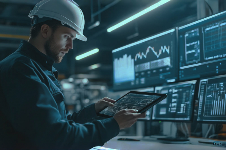 Engineer monitoring energy management data on a tablet, with multiple icons representing functions such as maintenance, communication, financial tracking, and global connectivity, highlighting the advanced Solavita energy management platform