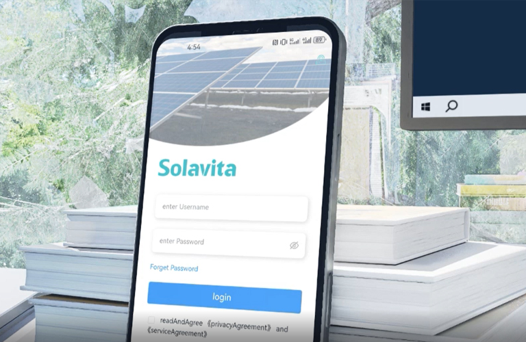 Close-up of the Solavita-Cloud energy storage system platform login screen displayed on a smartphone. The interface shows fields for username and password, with a background image of solar panels, reflecting the platform's focus on renewable energy management. This visual highlights the accessibility of Solavita-Cloud's features on mobile devices for efficient energy storage and monitoring