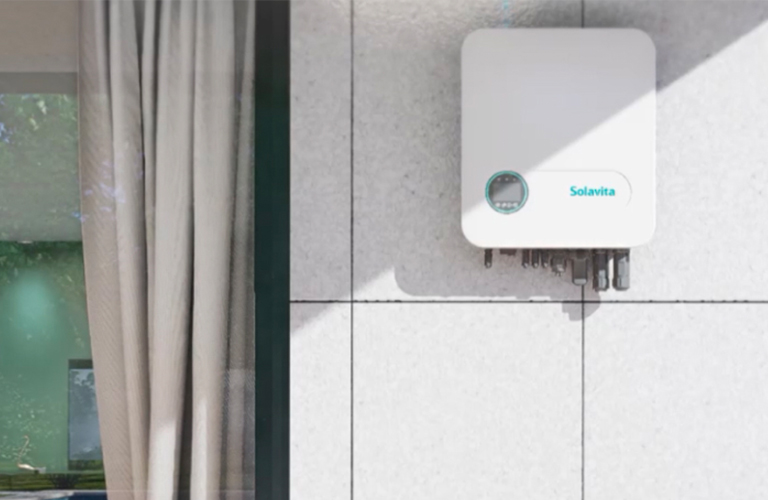 Solavita residential on-grid inverter mounted on an exterior wall in a modern home setting, highlighting its role in efficient solar energy conversion and home energy management for residential use