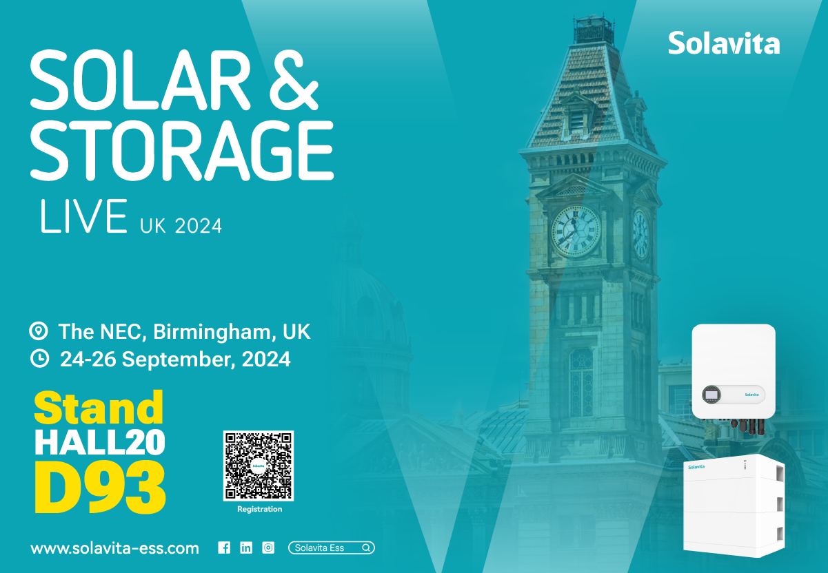 Banner promocional da exposição 2024 Solar & Storage Live UK, que informa o horário, local e número do estande da exposição