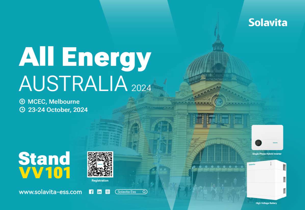 Banner de promoção da exposição All-Energy Australia 2024, que informa o horário, local e número do estande da exposição