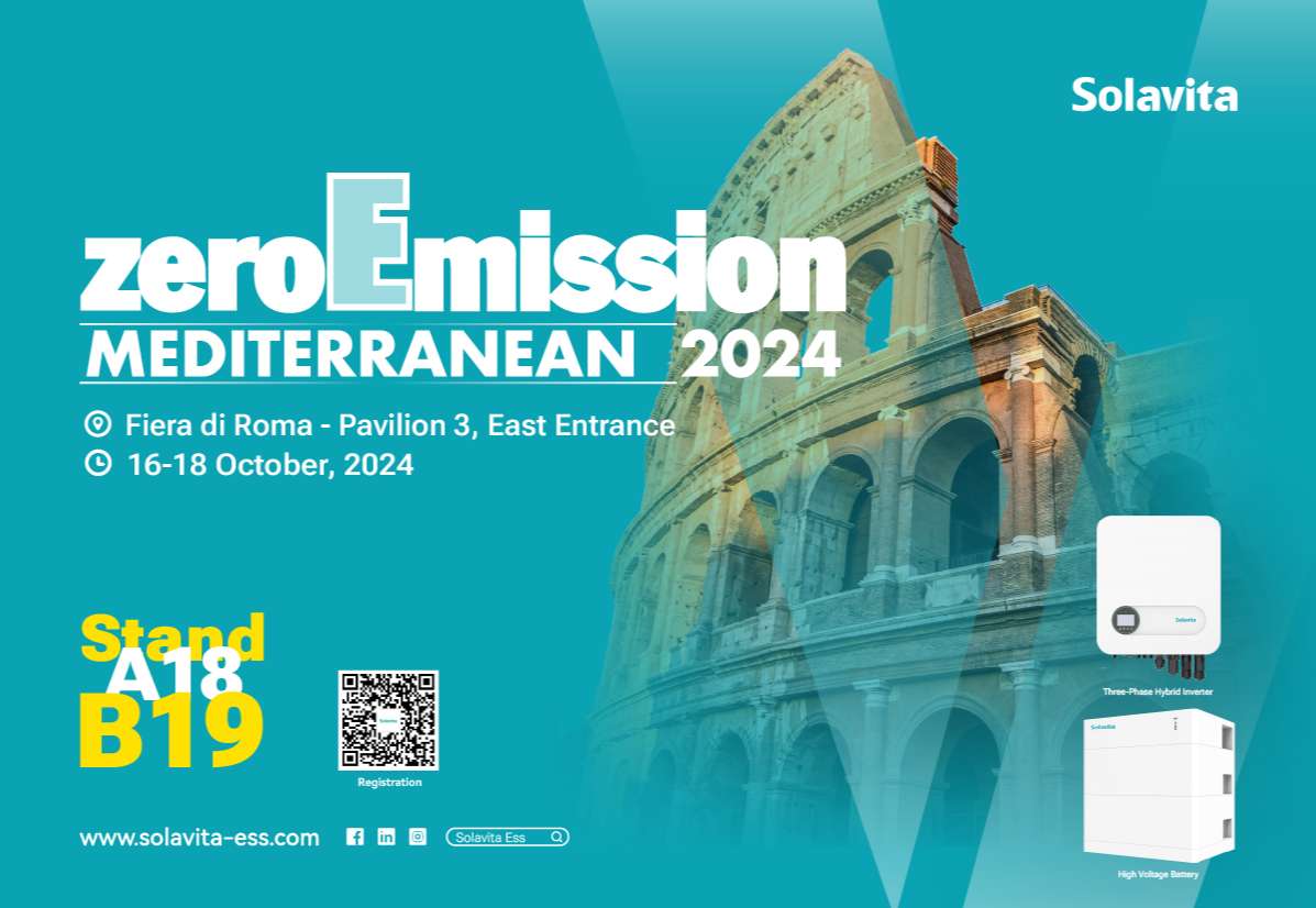 Banner de promoção da exposição ZeroEmission Mediterranean​​ 2024, que informa o horário, local e número do estande da exposição