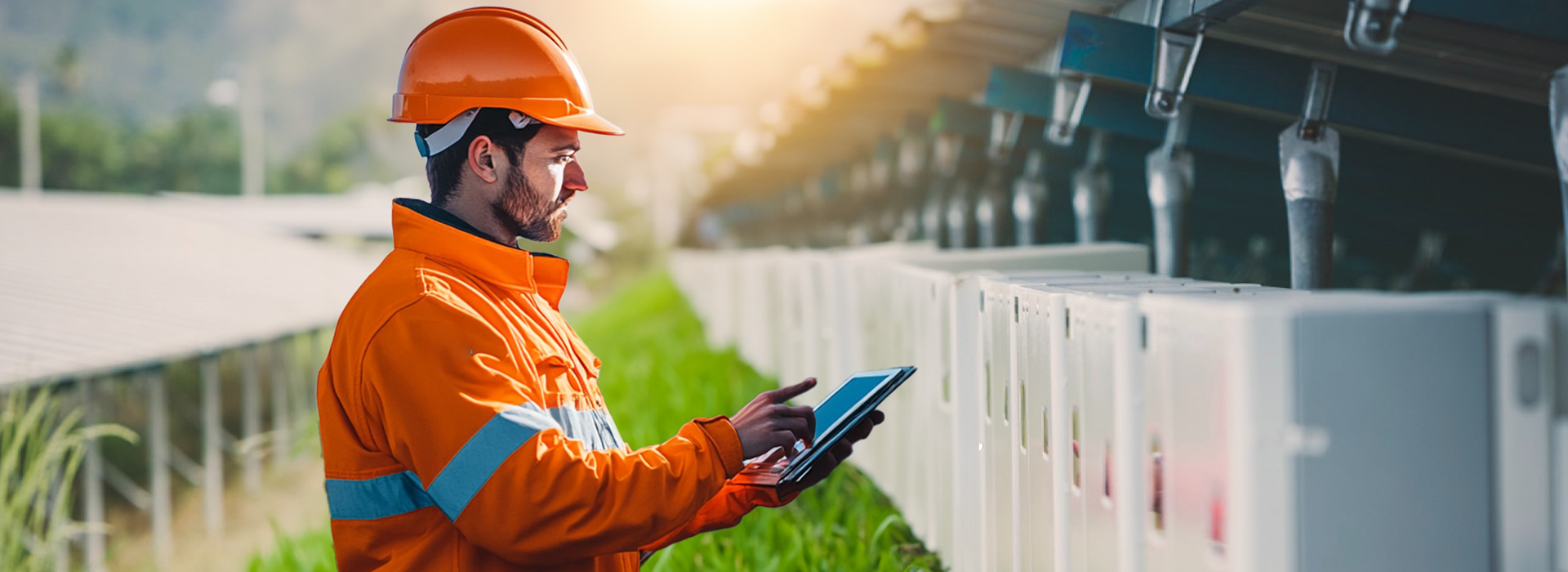 Engenheiro em equipamento de segurança usando um tablet para inspecionar inversores fotovoltaicos e híbridos da Solavita em um campo de instalação de energia solar