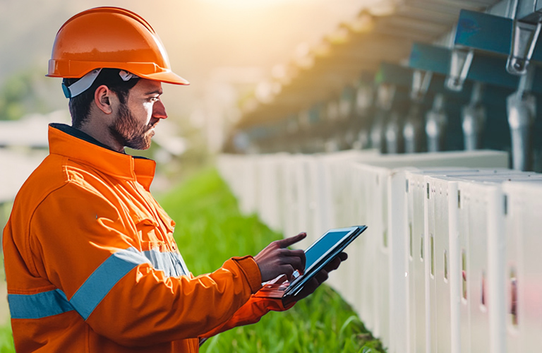 Engenheiro em equipamento de segurança usando um tablet para inspecionar inversores fotovoltaicos e híbridos da Solavita em um campo de instalação de energia solar