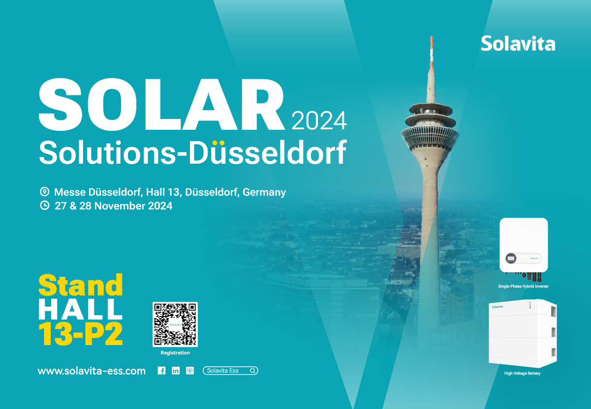 Banner de promoção da exposição 2024 Solar Solutions Düsseldorf, que informa o horário, a localização e o número do estande da exposição